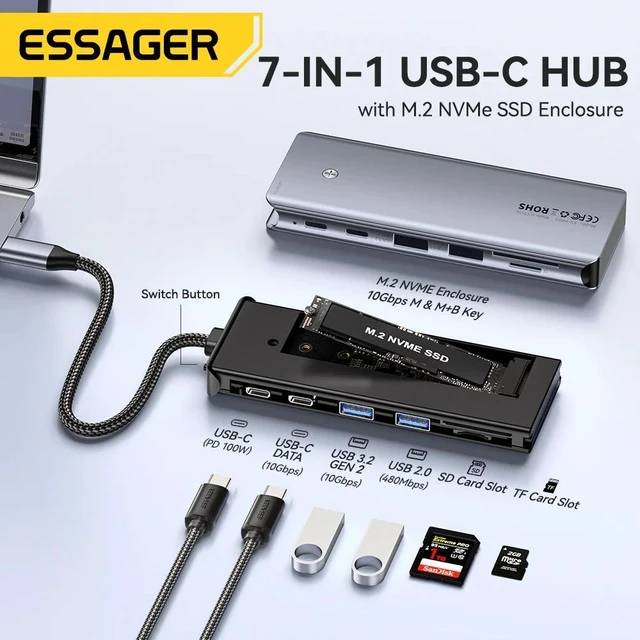 Alt view image 2 of 7 - USB-C Hub with Removable M.2 SSD Enclosure 6/7-in-1 Multiport Adapter NVMe Storage Expansion PD100W Fast Charging USB 3.2 10Gbps Transfer HDMI 4K Type-C Adapter For MacBook Pro/Air PC Laptops