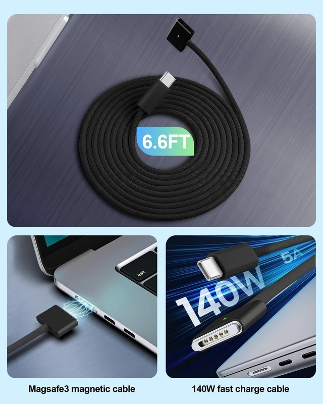 Alt view image 7 of 7 - 140W USB-C Magnetic 3 Charging Cable Magnetic MacBook Charger Cable with LED Indicator PD Power Cable For MacBook Air 2023/2022 M2 and MacBook Pro 2021 M3/M1 14-16 inches 6.6 feet Black