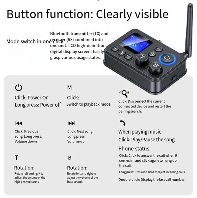 Alt view image 3 of 4 - GT87 Bluetooth 5.4 Audio Adapter 2-in-1 Wireless Transmitter & Receiver with Digital Display TF Card & UDB Playback Hi-Fi Bass/Treble Auto-Reconnect 20m Long Range for TV Car & Speaker