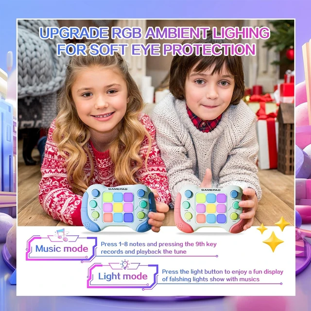 Alt view image 3 of 7 - Quick Press Fidget Game Handheld Gamepad Toy Flashing RGB Light Reaction Game Console with 999 Levels 4 Game Modes Music Mode 8 Note Piano Buttons and 200-Note Recording for Kids