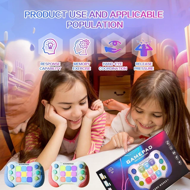 Alt view image 7 of 7 - Quick Press Fidget Game Handheld Gamepad Toy Flashing RGB Light Reaction Game Console with 999 Levels 4 Game Modes Music Mode 8 Note Piano Buttons and 200-Note Recording for Kids