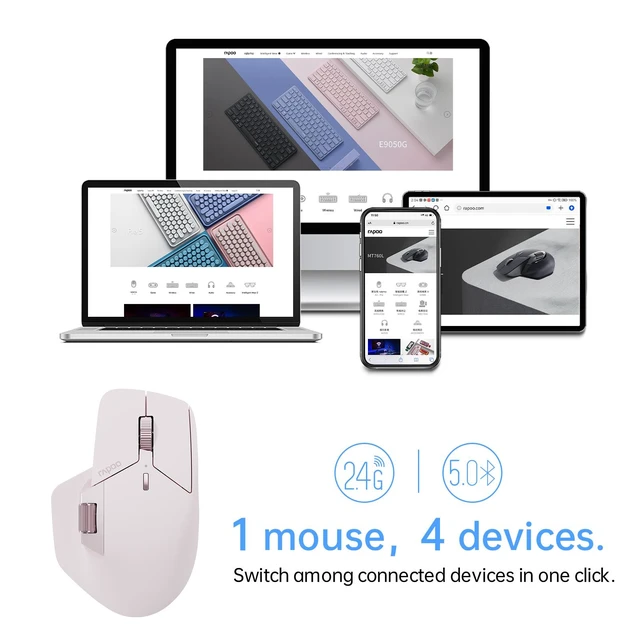 Alt view image 2 of 7 - MT760 Multi-Device Wireless Mouse Tri-Mode Bluetooth 5.0/3.0 + 2.4GHz 11 Programmable Buttons 4-Device Switching M+ Cross-Computer Technology USB-C Rechargeable Battery 90 Days Battery Life Pink