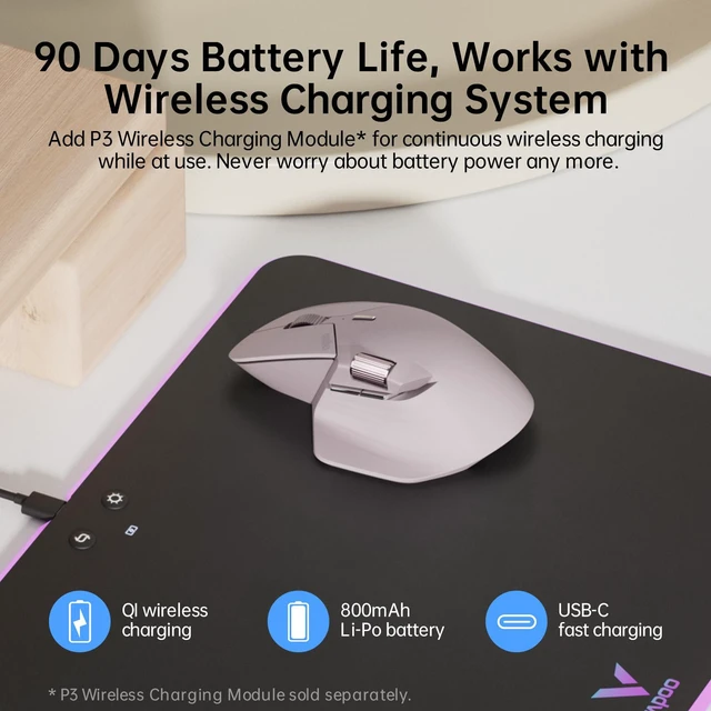Alt view image 4 of 7 - MT760 Multi-Device Wireless Mouse Tri-Mode Bluetooth 5.0/3.0 + 2.4GHz 11 Programmable Buttons 4-Device Switching M+ Cross-Computer Technology USB-C Rechargeable Battery 90 Days Battery Life Pink
