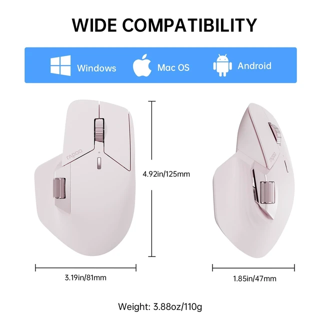 Alt view image 7 of 7 - MT760 Multi-Device Wireless Mouse Tri-Mode Bluetooth 5.0/3.0 + 2.4GHz 11 Programmable Buttons 4-Device Switching M+ Cross-Computer Technology USB-C Rechargeable Battery 90 Days Battery Life Pink