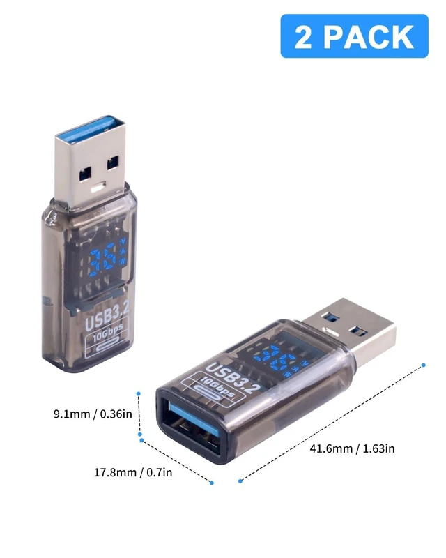 Alt view image 7 of 7 - USB 3.2 Type A Male to Female Extension Adapter 10Gbps LED Digital Voltage Current Power Display USB A Cable Extension Converter for Data Sync and Charging 36W 12V 3A Transparent 2Pack