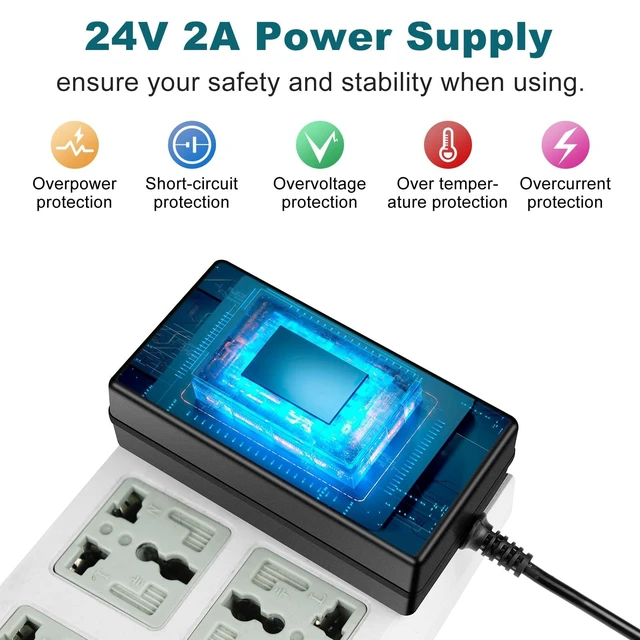 Alt view image 2 of 6 - 24V 2A 48W AC/DC LED Power Supply Wall Adapter 100-240V Input 5.5mm x 2.1mm DC Plug LED Driver Transformer with Overload and Short Circuit Protection for LED Strip Lights