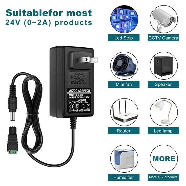 Alt view image 4 of 6 - 24V 2A 48W AC/DC LED Power Supply Wall Adapter 100-240V Input 5.5mm x 2.1mm DC Plug LED Driver Transformer with Overload and Short Circuit Protection for LED Strip Lights