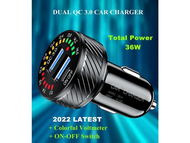 Alt view image 2 of 7 - Dual QC3.0 USB Car Charger Adapter 36W 3A Fast Charging Car Phone Charger 18W Per Port Colorful Voltmeter with ON/Off Switch 10A Fuse Intelligent Control Chip Black