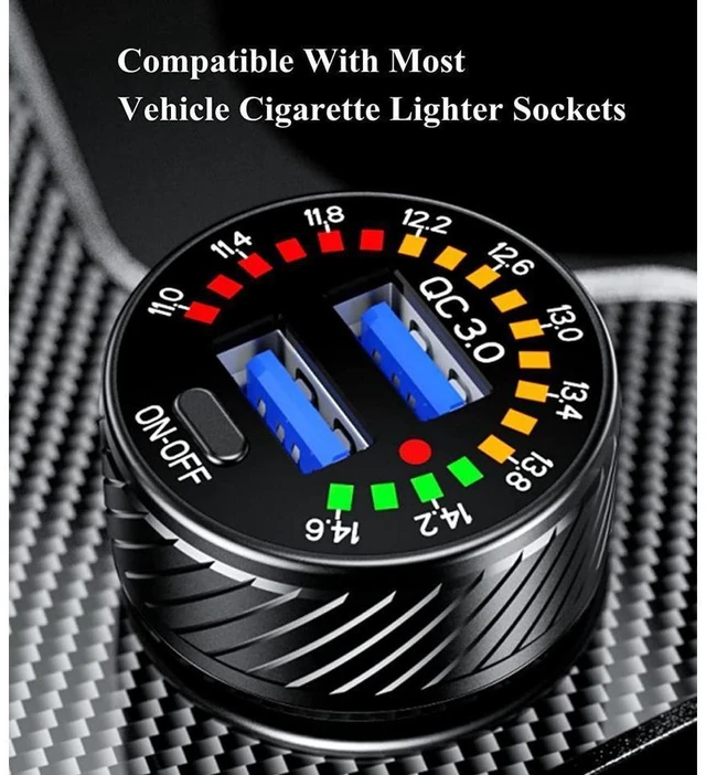Alt view image 3 of 7 - Dual QC3.0 USB Car Charger Adapter 36W 3A Fast Charging Car Phone Charger 18W Per Port Colorful Voltmeter with ON/Off Switch 10A Fuse Intelligent Control Chip Black