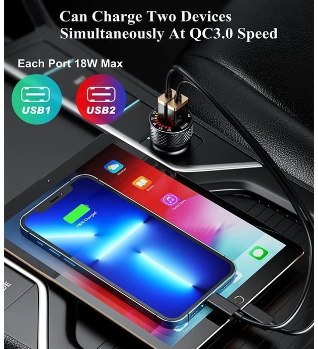 Alt view image 4 of 7 - Dual QC3.0 USB Car Charger Adapter 36W 3A Fast Charging Car Phone Charger 18W Per Port Colorful Voltmeter with ON/Off Switch 10A Fuse Intelligent Control Chip Black