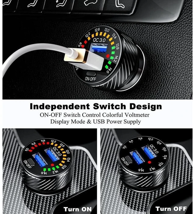 Alt view image 5 of 7 - Dual QC3.0 USB Car Charger Adapter 36W 3A Fast Charging Car Phone Charger 18W Per Port Colorful Voltmeter with ON/Off Switch 10A Fuse Intelligent Control Chip Black