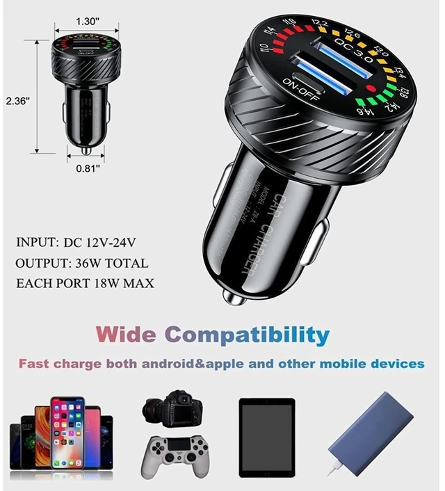Alt view image 7 of 7 - Dual QC3.0 USB Car Charger Adapter 36W 3A Fast Charging Car Phone Charger 18W Per Port Colorful Voltmeter with ON/Off Switch 10A Fuse Intelligent Control Chip Black