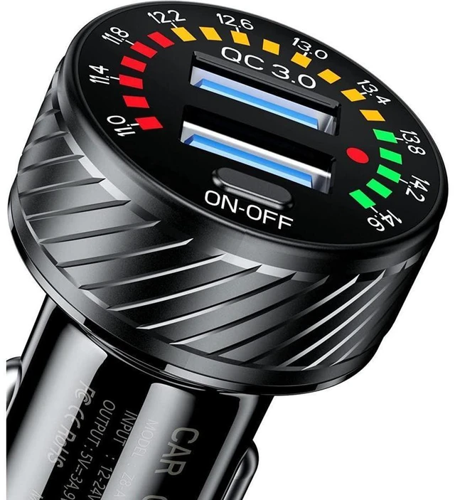 Main image of Dual QC3.0 USB Car Charger Adapter 36W 3A Fast Charging Car Phone Charger 18W Per Port Colorful Voltmeter with ON/Off Switch 10A Fuse Intelligent Control Chip Black