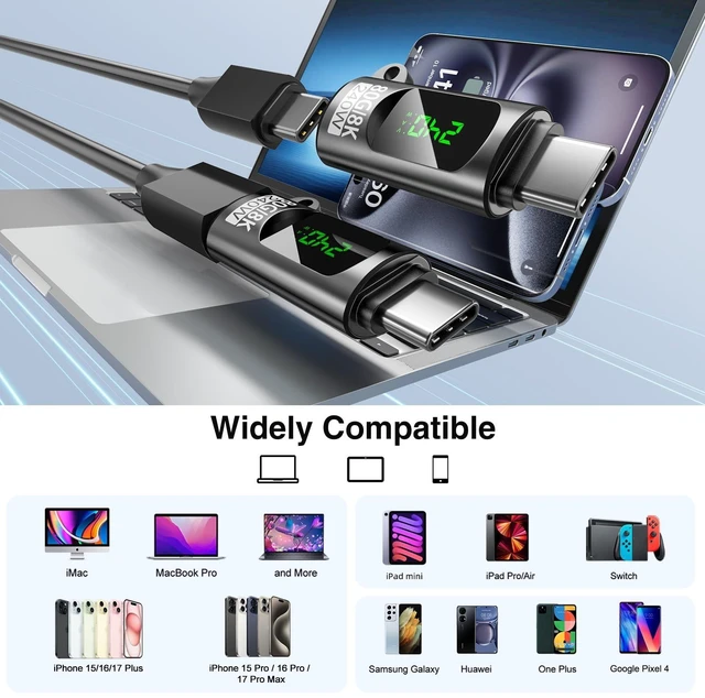 Alt view image 5 of 7 - USB C Power Meter Tester Adapter 240W Voltage Current Power LED Display 80 Gbps Type C Male to Female Extension Connector 8K@60Hz Video Output For iPhone 15/16/17 MacBook and iPad 3 Pack