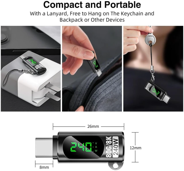 Alt view image 7 of 7 - USB C Power Meter Tester Adapter 240W Voltage Current Power LED Display 80 Gbps Type C Male to Female Extension Connector 8K@60Hz Video Output For iPhone 15/16/17 MacBook and iPad 3 Pack