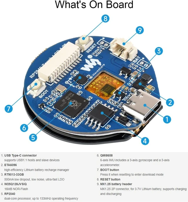 Alt view image 5 of 5 - RP2040-Touch-LCD-1.28 Development Board 1.28 Inch Round Capacitive Touch LCD 240x240 IPS Display 65K RGB Colors Dual-Core Arm Cortex M0+ Processor 6-Axis Sensor USB Type-C