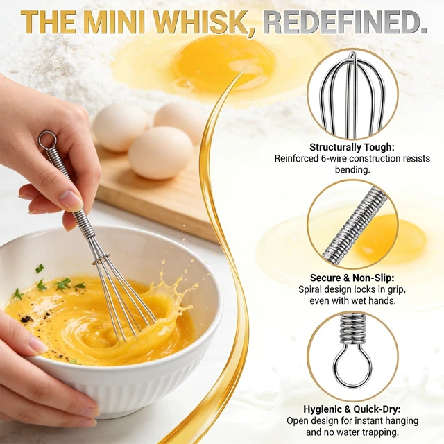 Alt view image 3 of 7 - Mini Stainless Steel Whisk Set 1 MM Thick Wire Egg Beater Small Kitchen Mixing Whisk for Coffee Sauces Cream and Beverages Portable Dishwasher Safe 6" + 8" Set of 2