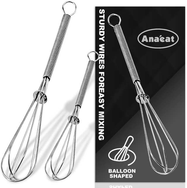 Main image of Mini Stainless Steel Whisk Set 1 MM Thick Wire Egg Beater Small Kitchen Mixing Whisk for Coffee Sauces Cream and Beverages Portable Dishwasher Safe 6" + 8" Set of 2