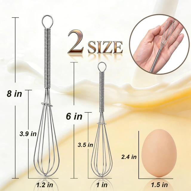 Alt view image 6 of 7 - Mini Stainless Steel Whisk Set 1 MM Thick Wire Egg Beater Small Kitchen Mixing Whisk for Coffee Sauces Cream and Beverages Portable Dishwasher Safe 6" + 8" Set of 2