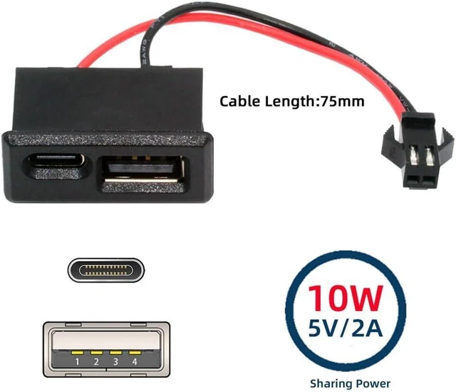 Alt view image 2 of 7 - USB Type-A & Type-C Horizontal Female Socket to 2-Pin Header Cable Latch-Mount Connector Lead 2.54mm Pitch DC 5V Power Extension Cable for Cabinet Devices