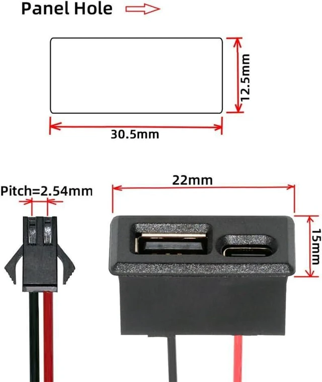 Alt view image 3 of 7 - USB Type-A & Type-C Horizontal Female Socket to 2-Pin Header Cable Latch-Mount Connector Lead 2.54mm Pitch DC 5V Power Extension Cable for Cabinet Devices