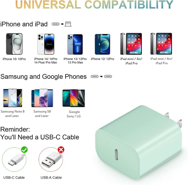 Alt view image 3 of 6 - 20W USB C Wall Charger Power Adapter USB-C PD 3.0 Fast Charging Block with ABS Protection For iPhone 15/14/13/12/11/Xs/X iPad Samsung Google 2Pack Green