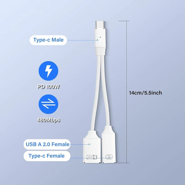 Alt view image 3 of 7 - USB C OTG Adapter Splitter 1 in 2 USB C Male to USB C Female and USB A Female 100W PD Charging USB 2.0 Data Transfer up to 480Mbps Braided Cable for Smartphone Tablet Laptop Keyboard Mouse