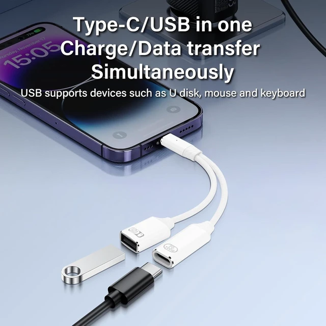 Alt view image 5 of 7 - USB C OTG Adapter Splitter 1 in 2 USB C Male to USB C Female and USB A Female 100W PD Charging USB 2.0 Data Transfer up to 480Mbps Braided Cable for Smartphone Tablet Laptop Keyboard Mouse