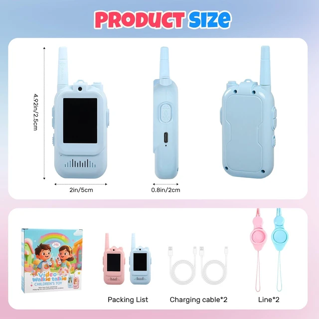 Alt view image 2 of 7 - KM-Walkie-BP-2P Video Walkie Talkies for Kids Rechargeable Voice and Video Communication Devices HD Camera Long Range up to 1000 Feet USB Type-C Blue/Pink 2 Pack