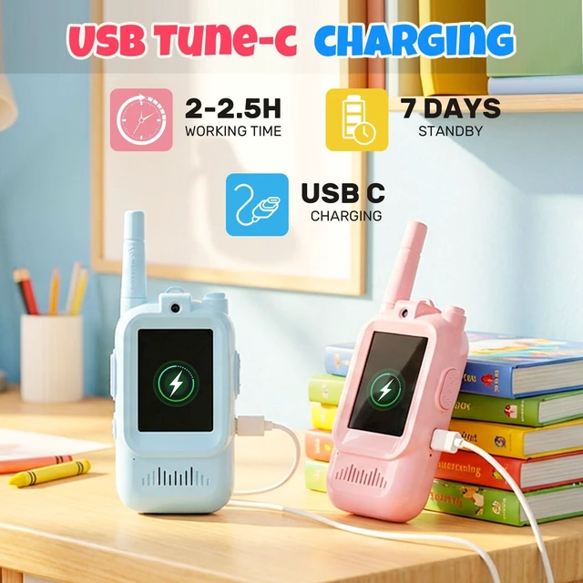 Alt view image 4 of 7 - KM-Walkie-BP-2P Video Walkie Talkies for Kids Rechargeable Voice and Video Communication Devices HD Camera Long Range up to 1000 Feet USB Type-C Blue/Pink 2 Pack