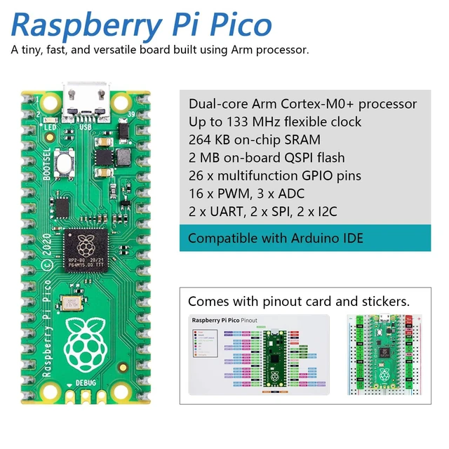Alt view image 3 of 6 - Pico Microcontroller Development Board with Pre-Soldered Header Dual-Core Arm Cortex-M0+ up to 133 MHz 264 KB SRAM 2 MB QSPI Flash 26 GPIO USB Cable MicroPython C Java Tutorials For Raspberry Pi Pico
