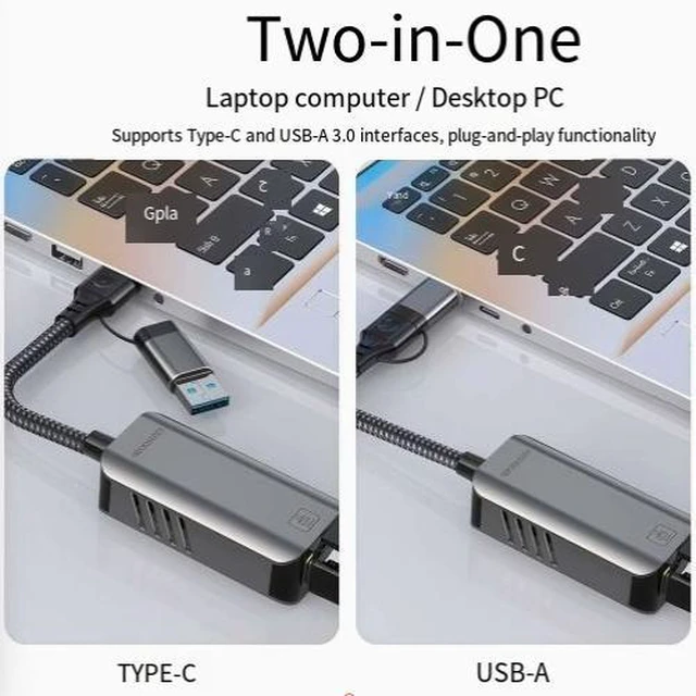 Alt view image 4 of 4 - USB-C to Ethernet Adapter 5Gbps USB-A + USB-C to RJ45 Gigabit LAN Network Card 5000Mbps Wired Internet Converter for MacBook/iPad/Windows 4K Streaming and Online Gaming Video Conferencing