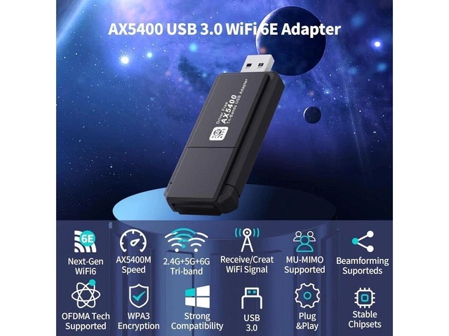 Alt view image 3 of 7 - AX5400M WiFi 6E USB Adapter AX5400 Wireless Network Adapter USB 3.0 WiFi Dongle 802.11AX Tri-Band 6GHz/5GHz/2.4GHz WPA3 OFDMA MU-MIMO Flip-Folding Antenna For Windows 11/10 PC Laptop