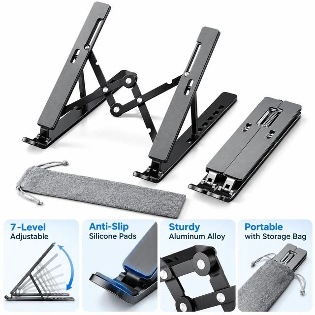 Alt view image 2 of 7 - Adjustable Laptop Stand Foldable Notebook Riser Ventilated Cooling Holder ABS Silicone Ergonomic Mount for 10 to 15.6 Inch PC Computer Tablet Desk Office Home Workspace Travel Gaming Accessories