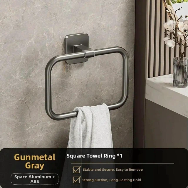 Alt view image 3 of 3 - Square Wall-Mounted Towel Ring Holder Set Space Aluminum Alloy Towel Hangers for Bathroom Kitchen Storage Rust-Resistant Contemporary Towel Hooks Gunmetal Gray 6Piece