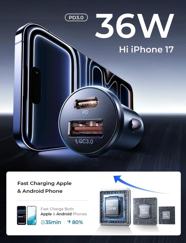 Alt view image 6 of 7 - 54W USB-C USB-A Car Charger 12V Cigarette Lighter Adapter PD 36W QC 18W Dual Port Fast Charging Power Adapter For iPhone 17/16/15 and Samsung Galaxy Google Pixel iPad