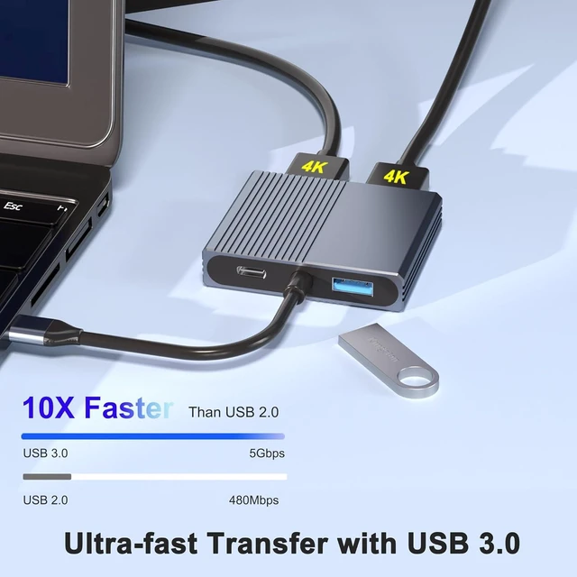 Alt view image 3 of 7 - 4 in 1 USB-C Dual HDMI Adapter with 100W PD and USB 3.0 Dual Monitor Laptop Docking Station USB Type-C Hub with 3 USB Ports 4K Dual Display Adapter For MacBook and DELL Laptops