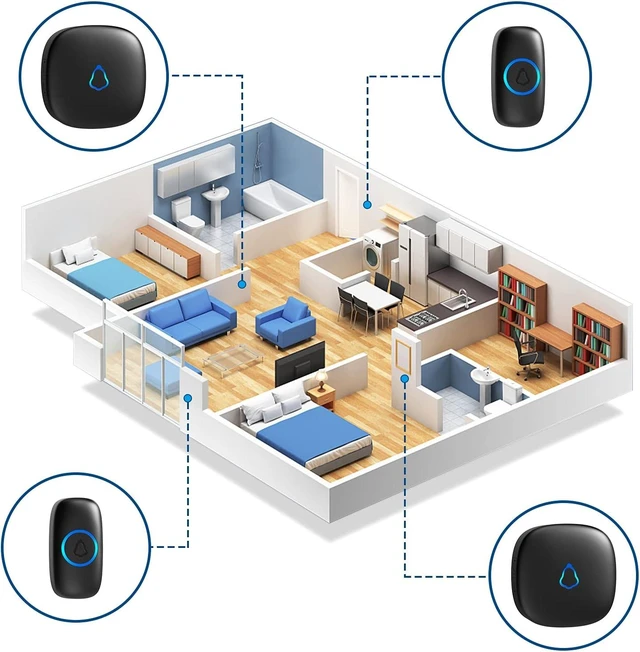 Alt view image 6 of 7 - M520+F55 Wireless Doorbell Kit Cordless Doorbell Chime Receiver with Push Button 1000Ft Range 58 Chimes 5-Level Adjustable Volume Colorful LED IP55 Waterproof Memory Function Black