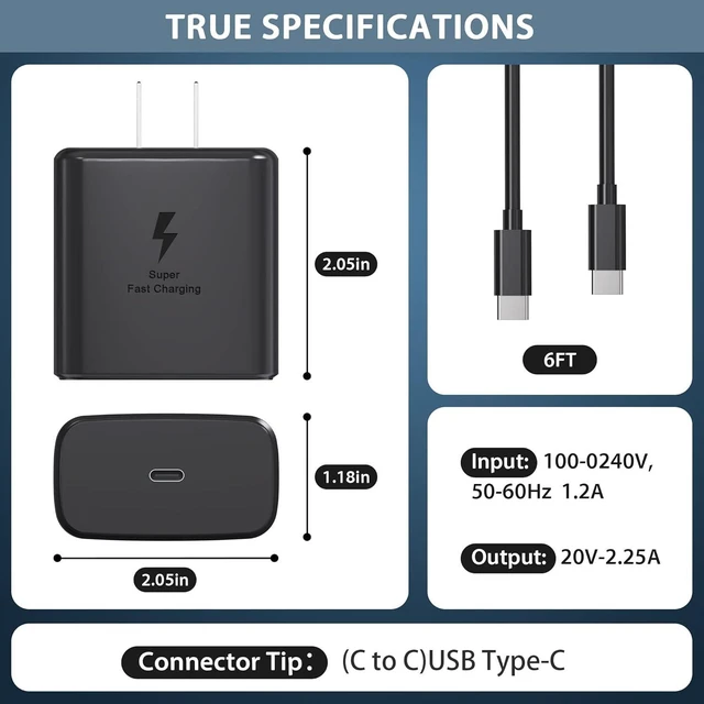 Alt view image 3 of 7 - 45W USB-C Wall Charger Fast Charging Power Adapter with USB-C Cable USB PD Phone Charger For Samsung Galaxy S25/S25 Ultra/S25+/S24 Ultra/S24/S24+/S23/S22/S21/S20/Note 10 and Galaxy Tab 6 Ft. Cable