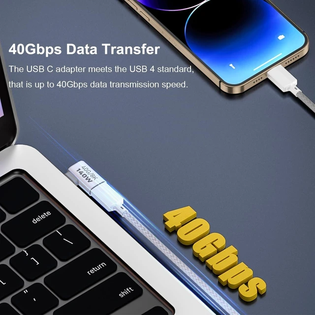 Alt view image 3 of 6 - USB-C Right Angle Male to Female Adapter 90 Degree USB 4 Type-C Extension Connector 40Gbps Data Transfer 140W Power Delivery 8K Video Output For MacBook Pro and Galaxy White 2 Pack