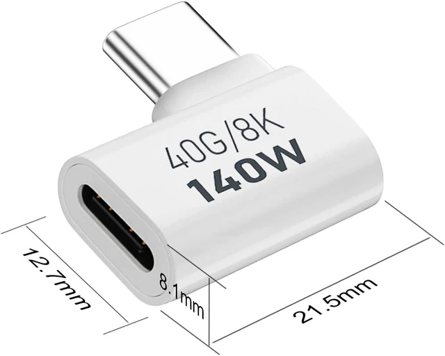 Alt view image 6 of 6 - USB-C Right Angle Male to Female Adapter 90 Degree USB 4 Type-C Extension Connector 40Gbps Data Transfer 140W Power Delivery 8K Video Output For MacBook Pro and Galaxy White 2 Pack