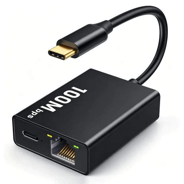 Main image of AJDONGUSBC100MPD USB-C to RJ45 100Mbps Ethernet Adapter 2-in-1 Type-C LAN Network Dongle with PD 100W Pass-Through Charging and USB-C Auxiliary Power Input Plug-and-Play