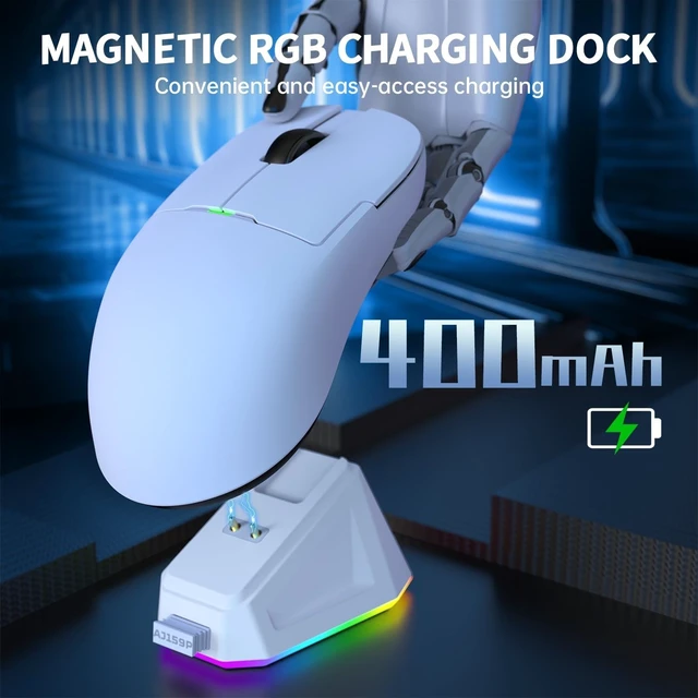 Alt view image 9 of 14 - Ajazz AJ159 Dual Mode 2.4G/USB-C 56g Lightweight Gaming/Office Mouse with PAW3395 Sensor, 5 Programmable Buttons Up to 26KDPI with Magnetic Charging Dock for PC/Laptop/Win/Mac (White)
