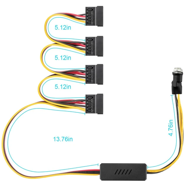 Alt view image 4 of 5 - DC 12V Female to 4 SATA IDE Hard Drive Power Cable DC 5.5x2.5mm Adapter Extension 5V SATA Power Supply with Step-Down Voltage Regulator Conversion Board 1 to 4