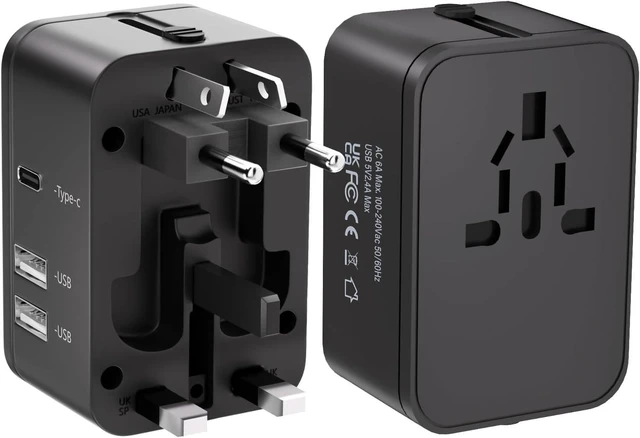Main image of Universal Travel Plug Adapter Worldwide Power Converter International Wall Charger with 1 AC Outlet 2 USB-A and 1 USB-C Charging Ports Type A/C/G/I Plugs 6.3A Fuse For USA EU UK AUS Black
