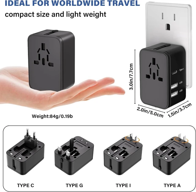 Alt view image 3 of 7 - Universal Travel Plug Adapter Worldwide Power Converter International Wall Charger with 1 AC Outlet 2 USB-A and 1 USB-C Charging Ports Type A/C/G/I Plugs 6.3A Fuse For USA EU UK AUS Black