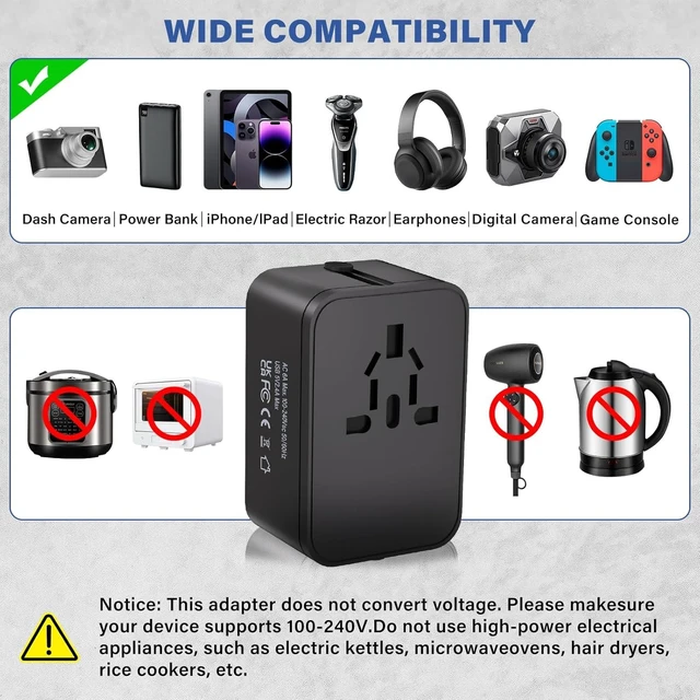 Alt view image 5 of 7 - Universal Travel Plug Adapter Worldwide Power Converter International Wall Charger with 1 AC Outlet 2 USB-A and 1 USB-C Charging Ports Type A/C/G/I Plugs 6.3A Fuse For USA EU UK AUS Black