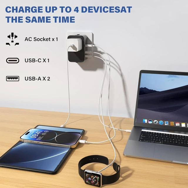 Alt view image 7 of 7 - Universal Travel Plug Adapter Worldwide Power Converter International Wall Charger with 1 AC Outlet 2 USB-A and 1 USB-C Charging Ports Type A/C/G/I Plugs 6.3A Fuse For USA EU UK AUS Black