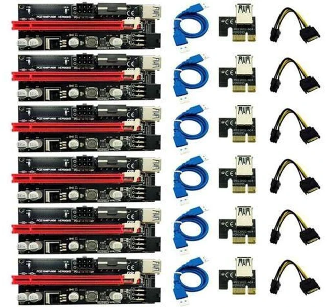 Main image of Ver009S PCI-E Riser Adapter Card USB 3.0 Extender Board 1X 4X 8X 16X with SATA 15Pin to 6 Pin Power Cable 4Pin and 6Pin Connectors Gold Plated Contacts LED Indicators Solid Capacitors 6Pcs