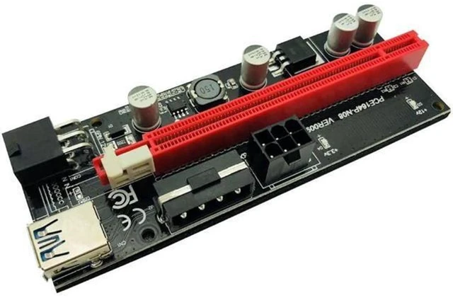 Alt view image 3 of 6 - Ver009S PCI-E Riser Adapter Card USB 3.0 Extender Board 1X 4X 8X 16X with SATA 15Pin to 6 Pin Power Cable 4Pin and 6Pin Connectors Gold Plated Contacts LED Indicators Solid Capacitors 6Pcs